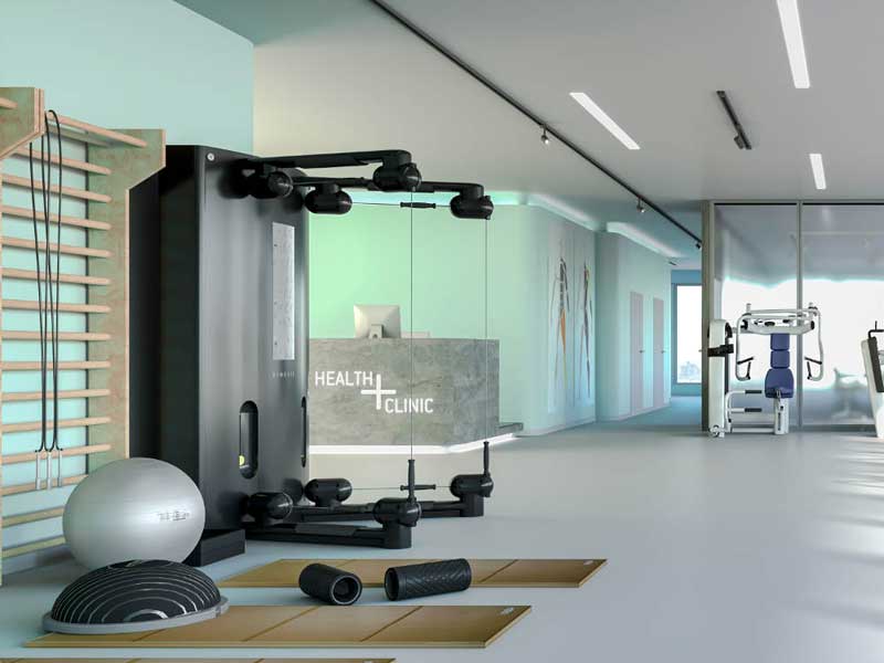 A gym with strength equipment